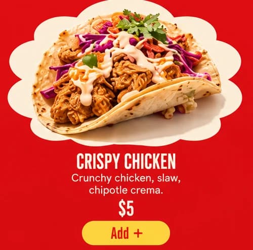 Us Taco menu card close-up: a crispy chicken taco on a cream cloud over red, with its name, filling and Add button