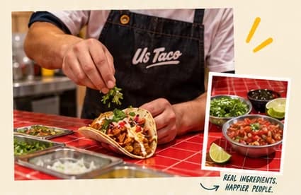 A chef sprinkling coriander on a taco, the Us Taco logo on his apron, beside a polaroid of salsas and a teal note