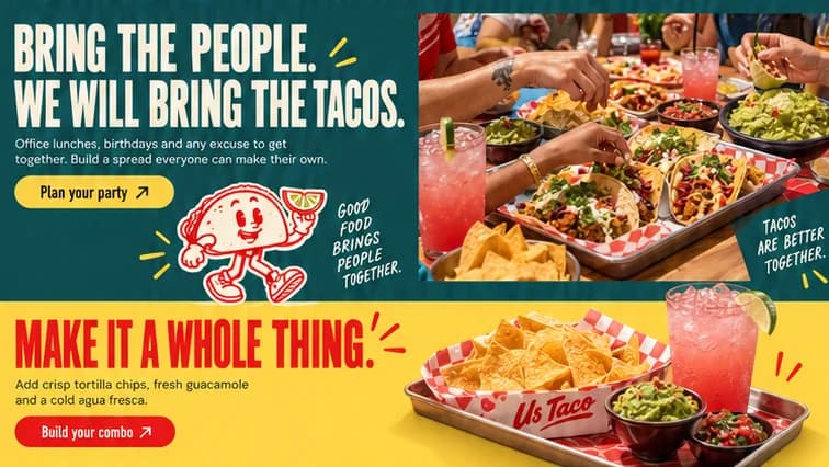 Us Taco teal party band with a Plan your party button and a shared spread, above a yellow combo band