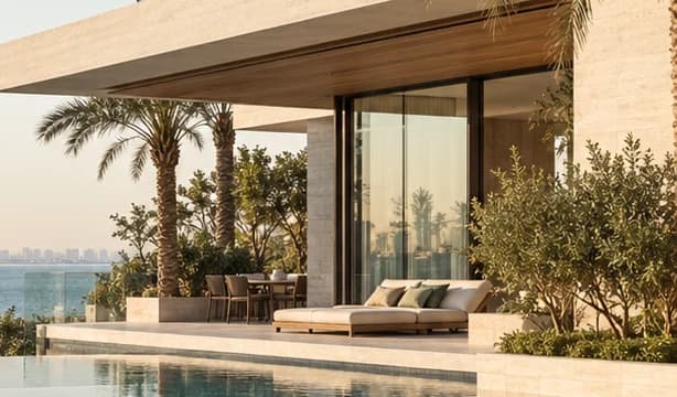 Close-up of a travertine villa with glass walls, palms, a daybed and a dining set beside an infinity pool