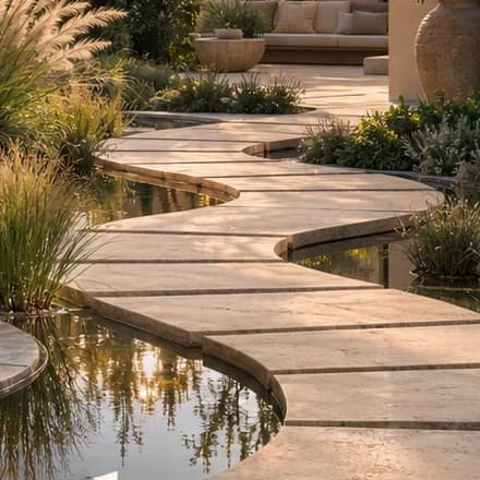 Close-up of pale travertine stepping stones curving over still water between grasses and low planting