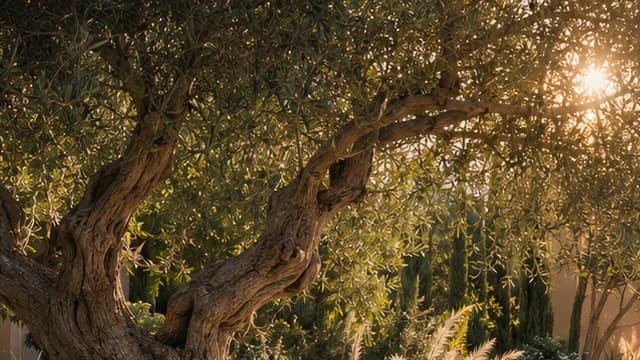 Close-up of a gnarled olive tree, low golden sun shining through its silvery leaves