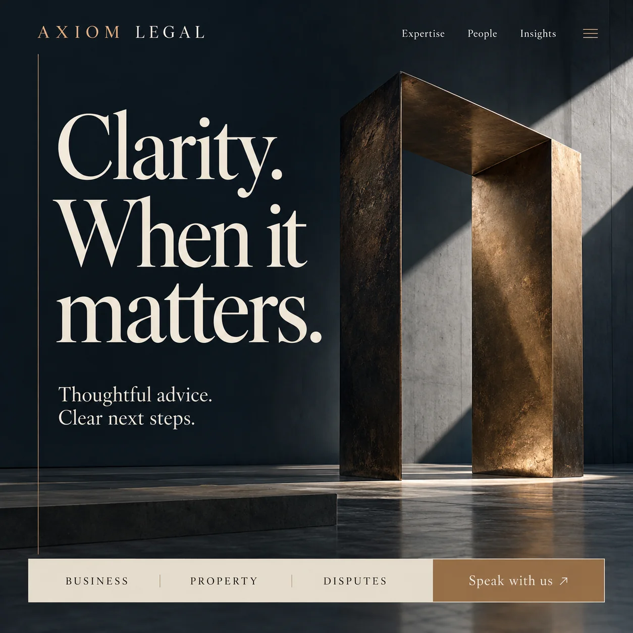 Axiom Legal homepage design: a bronze portal in a dark concrete room beside the serif headline Clarity. When it matters.