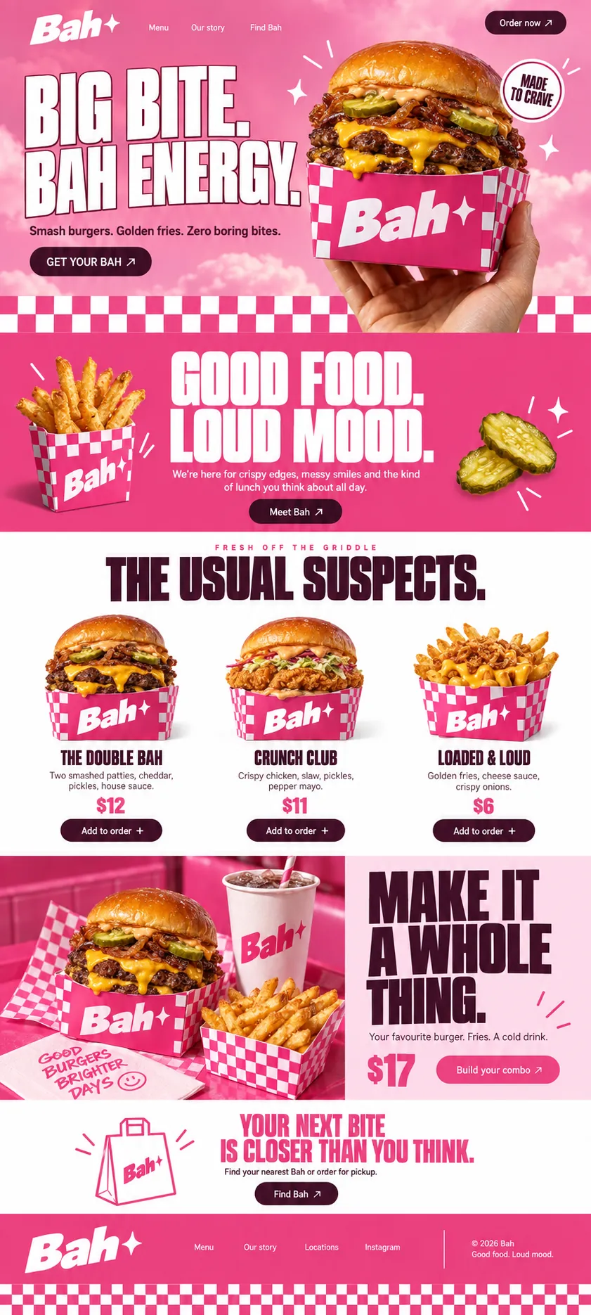 Bah full homepage: pink hero, GOOD FOOD. LOUD MOOD. band, three burger cards with Add to order buttons, a combo panel and a pickup finder