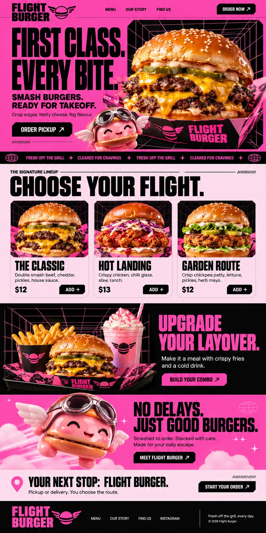 Flight Burger full homepage: pink hero, a ticker strip, three burger cards, a black combo band, the flying mascot and an order bar