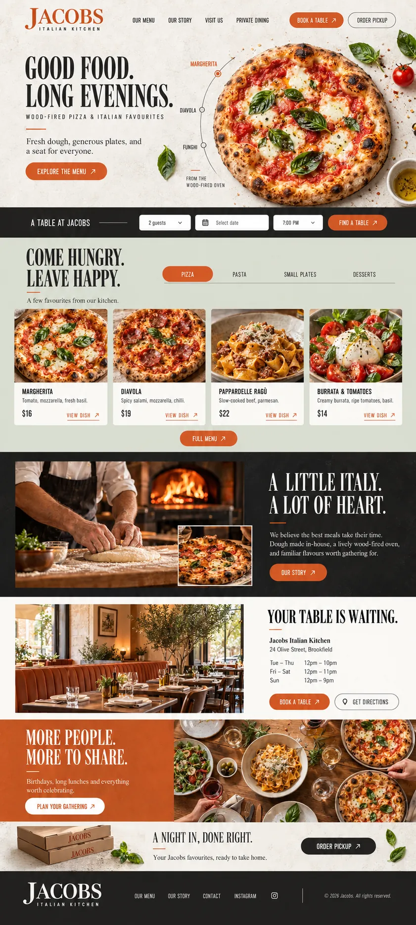 Jacobs full homepage: pizza hero and booking bar, dish cards, a fire-lit oven story band, dining room and hours, gatherings and pickup
