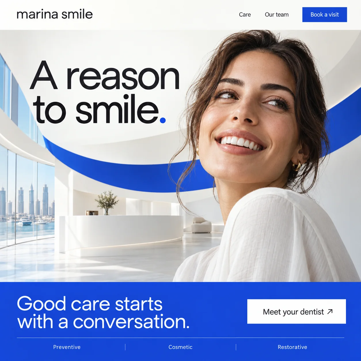 Marina Smile dental homepage design: a smiling woman in a white clinic with a cobalt stripe, headline A reason to smile.
