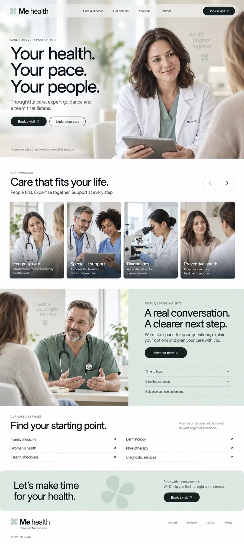 Me health design, full homepage: hero, care cards, 'A real conversation. A clearer next step.', services list and booking band