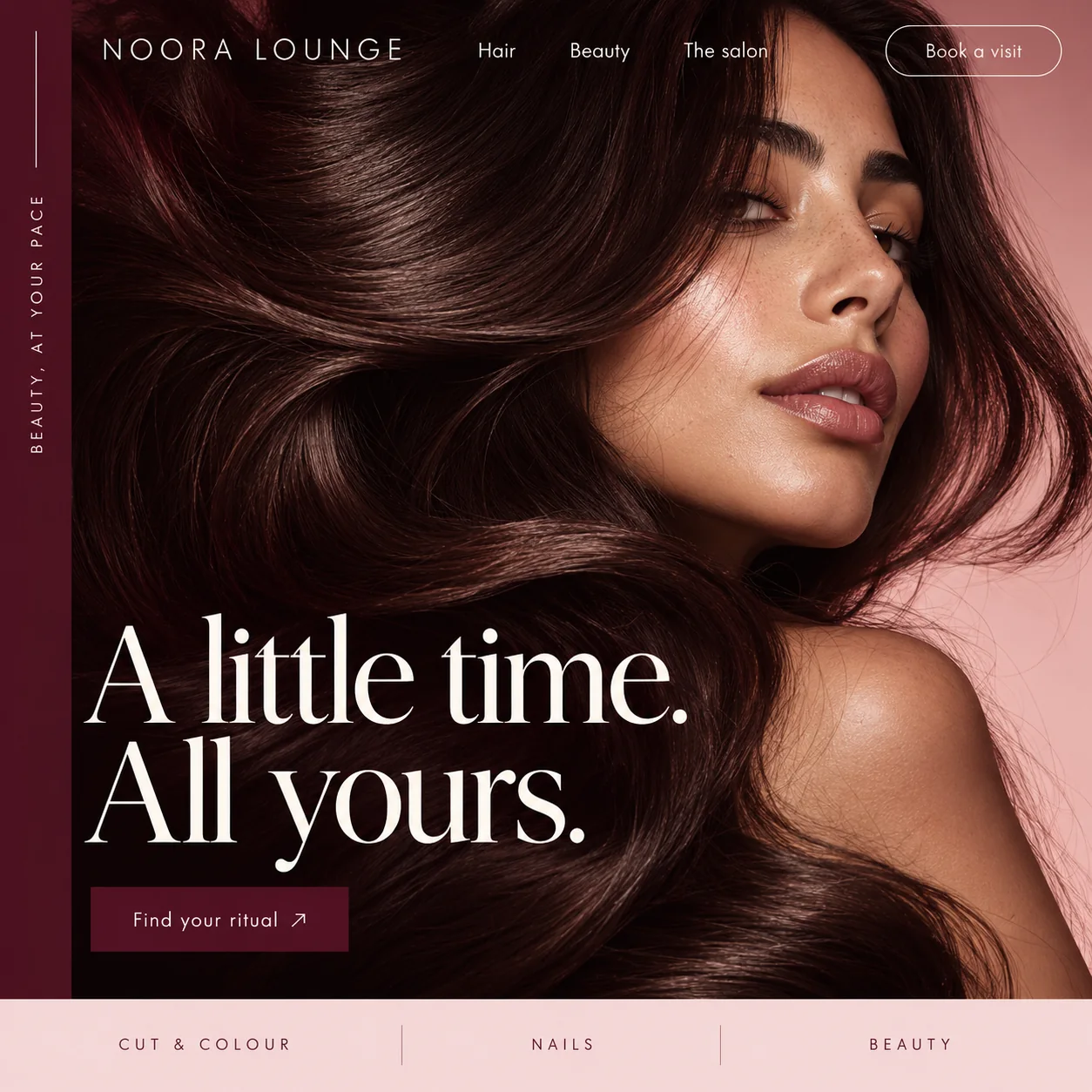 Noora Lounge salon homepage design: a woman with long glossy dark hair on dusty pink, headline A little time. All yours.