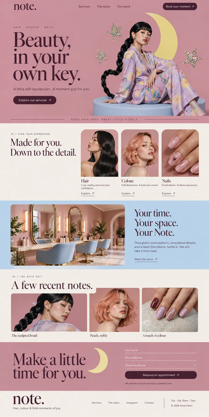 Note design, full homepage: hero, service portraits, salon interior, 'A few recent notes.' gallery and an appointment request form