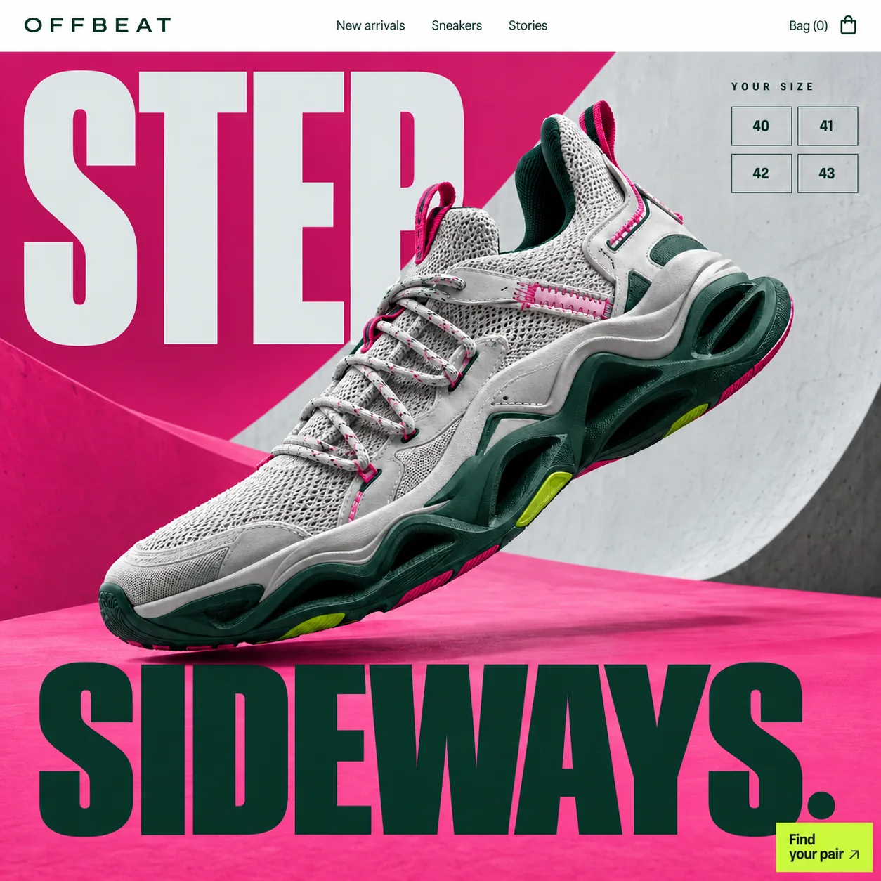 Offbeat homepage design: a grey, green and pink sneaker floats on hot pink between 'STEP' and 'SIDEWAYS.', with a size grid