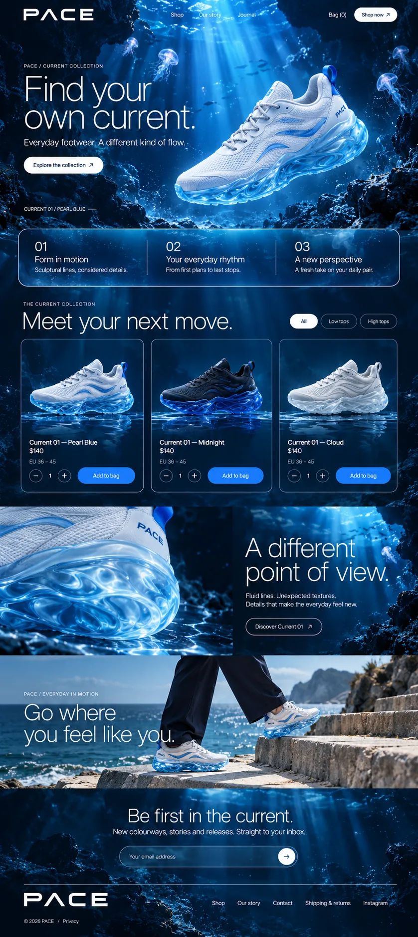 Full Pace homepage from underwater hero through product cards, a sole close-up and a seaside shot to the email sign-up