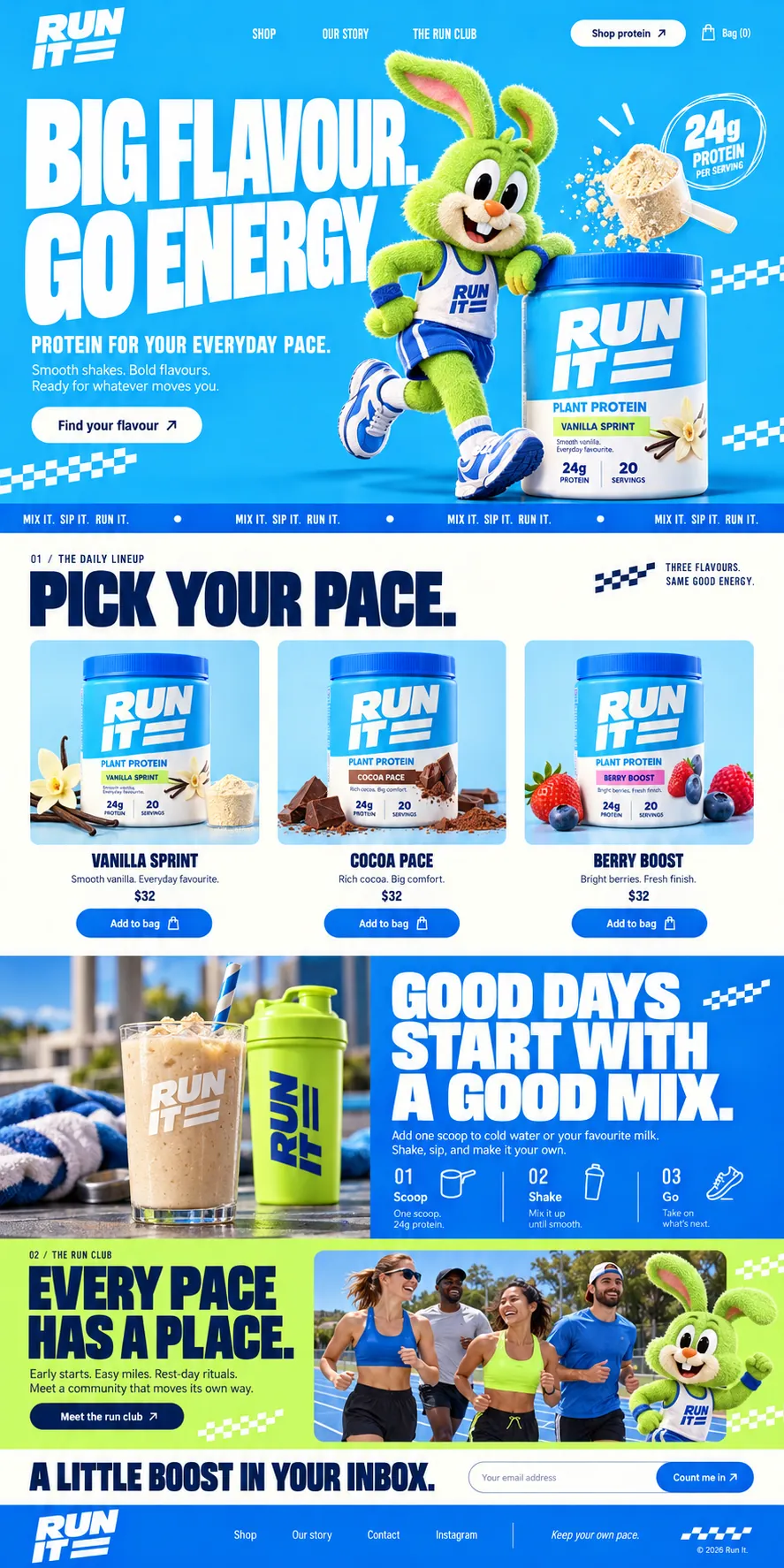 Run It design, full homepage: rabbit hero, flavour line-up, 'GOOD DAYS START WITH A GOOD MIX.' steps, run club band and sign-up