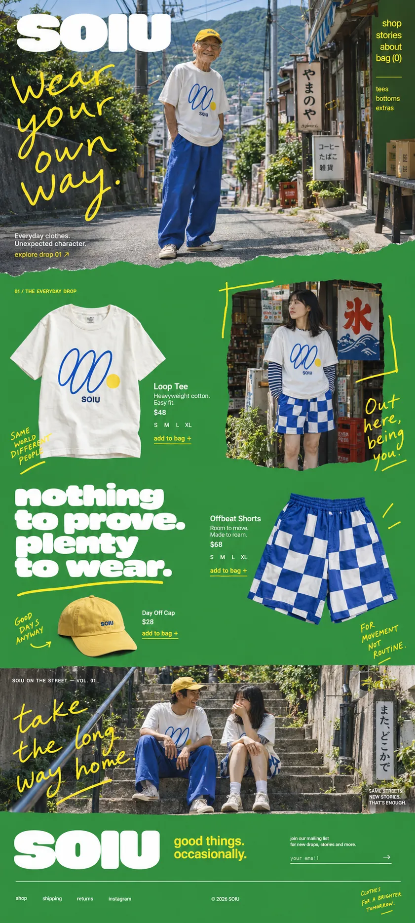 Full Soiu homepage: street hero, tee, checked shorts and cap on green, two friends on stone steps, and a green footer