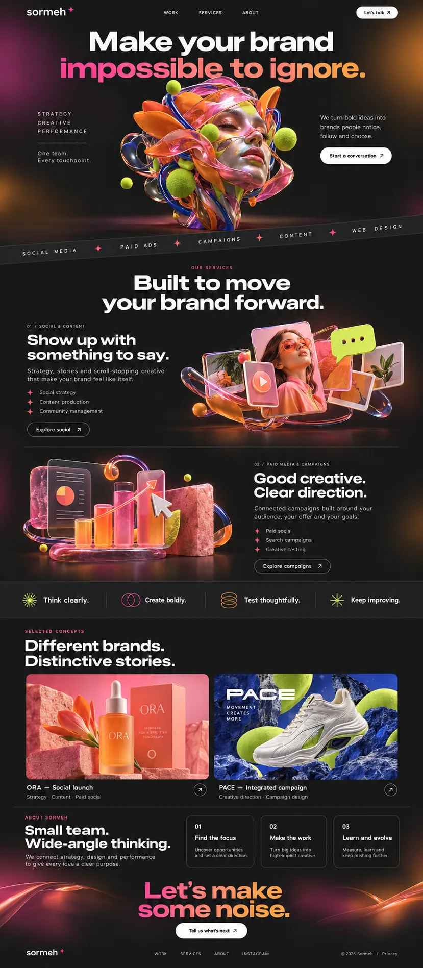 Full Sormeh homepage: hero, social and paid media sections, a values strip, two work cards, three steps and a sign-off