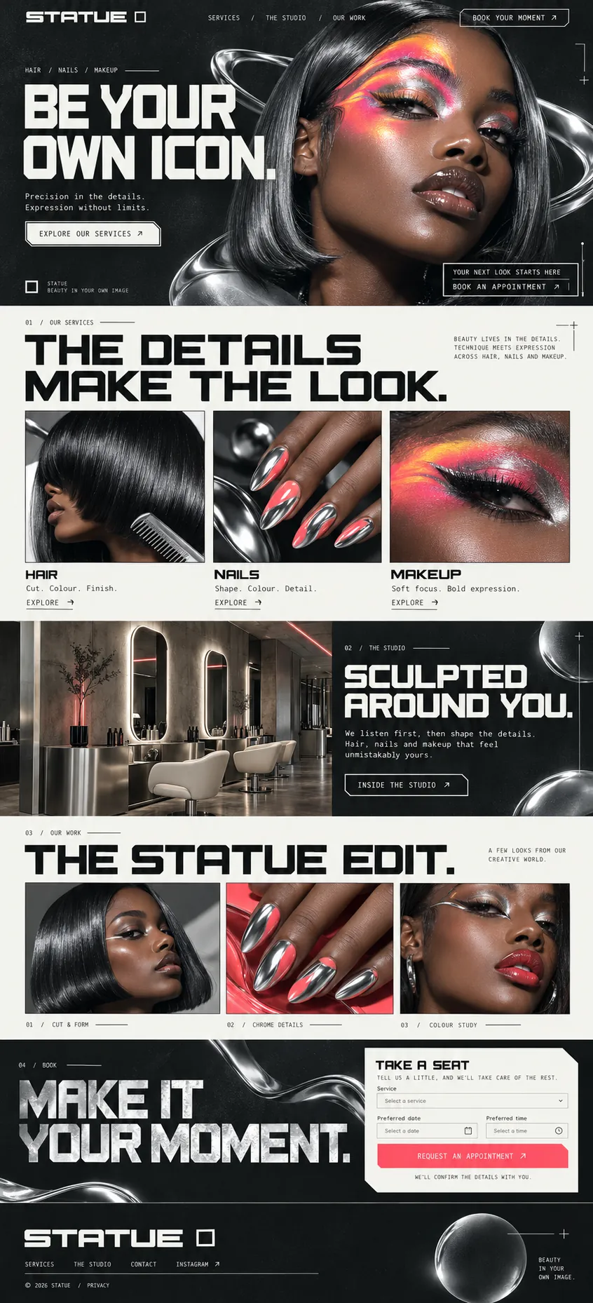 Full Statue homepage: hero, services, studio interior, a three-look gallery and a coral Request an appointment form