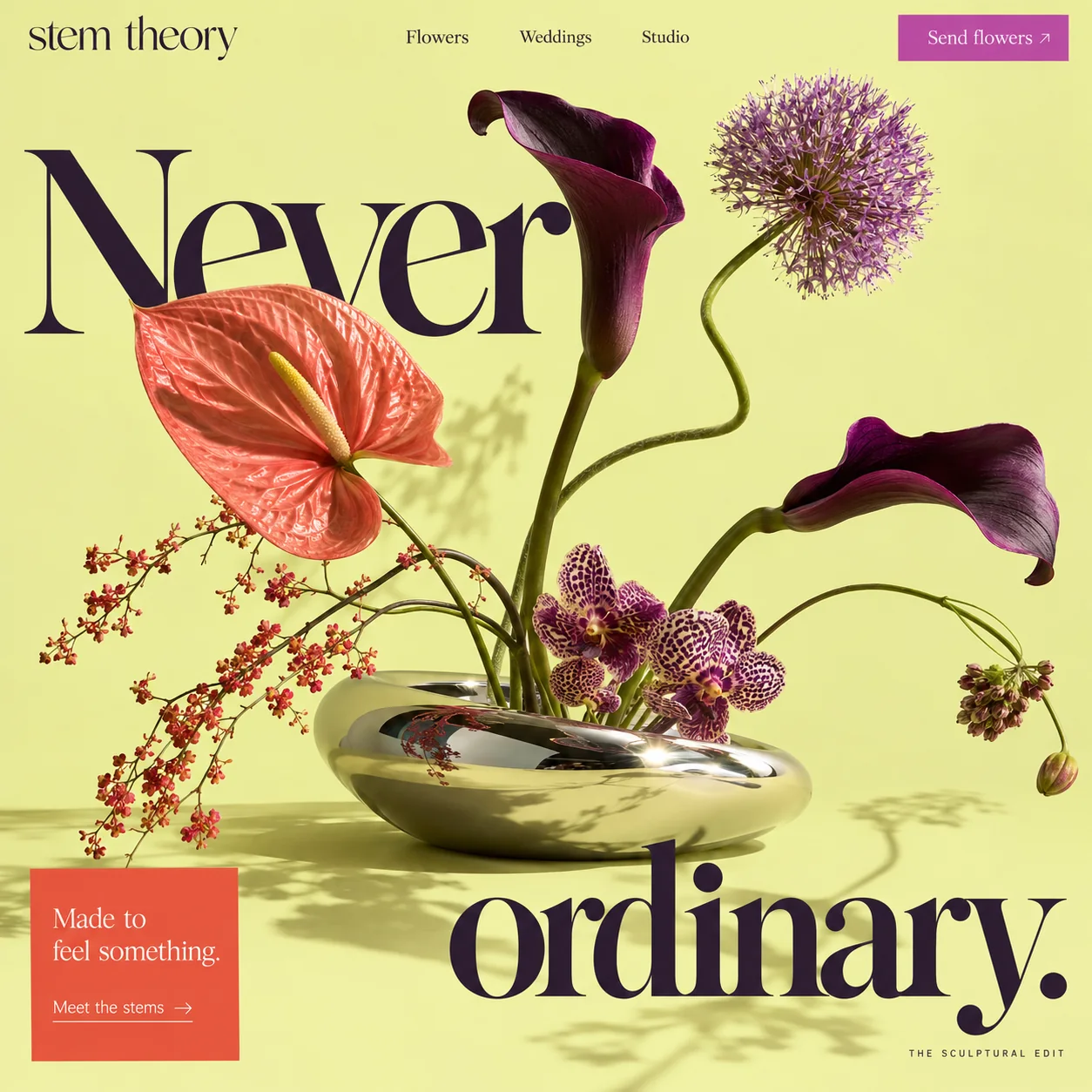 Stem Theory homepage design: anthurium, calla lilies, allium and orchids in a chrome bowl on chartreuse, headline 'Never ordinary.'