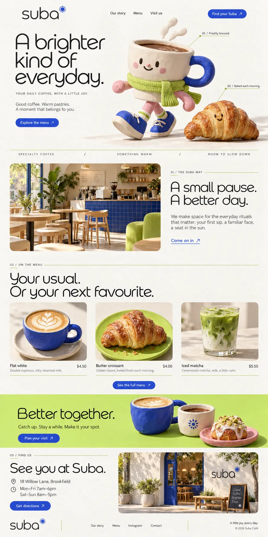 Suba café design, full homepage: hero, sunlit interior, three menu cards, a lime 'Better together' band and a find-us section