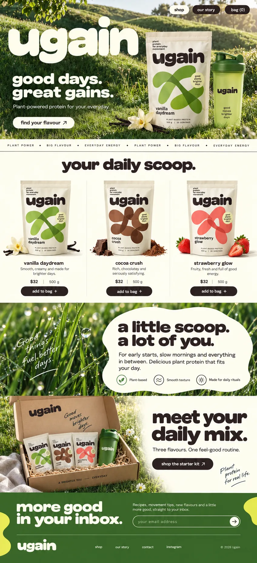 Ugain design, full homepage: flavour shelf, 'a little scoop. a lot of you.', starter kit box and a green newsletter footer