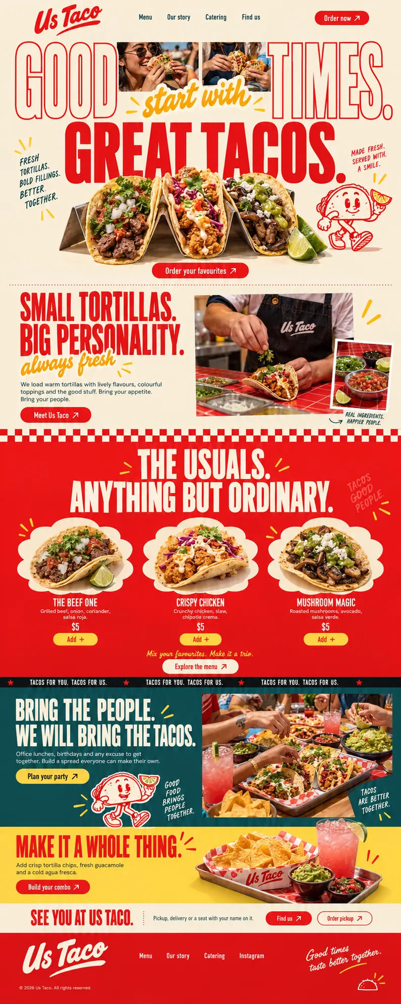 Us Taco full homepage: red and cream hero, a chef building tacos, the three-taco menu, a teal party band, a yellow combo band, red footer