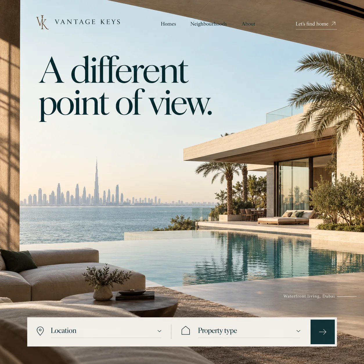 Vantage Keys homepage design: a shaded villa terrace and infinity pool facing a hazy city skyline, headline A different point of view.